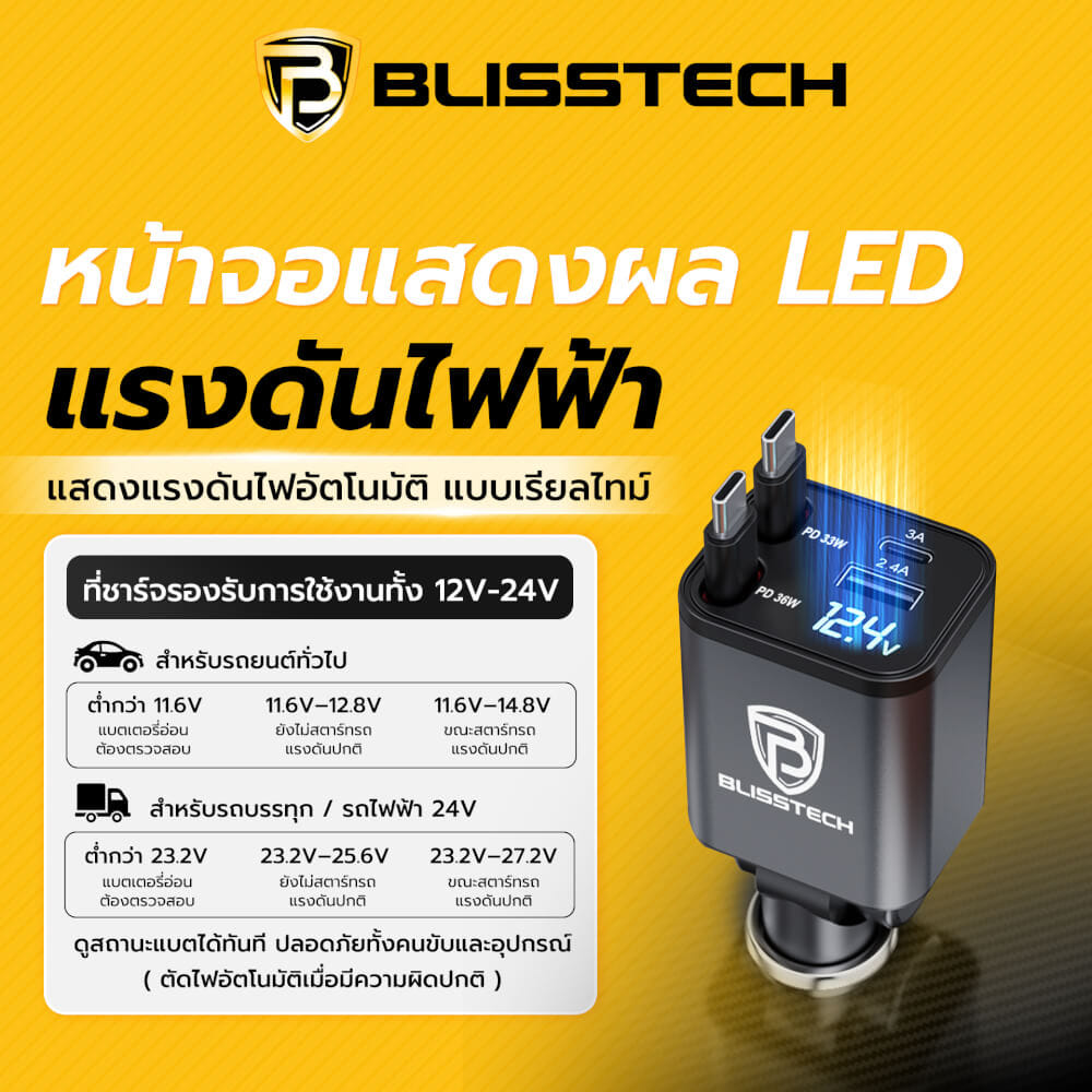 ที่ชาร์จในรถยนต์ BLISSTECH รุ่น MINI-CC 36W FAST CHARGE สายชาร์จยืดหดได้ 80ซม. 2 TYPE-C / USB-A / USB-C_3
